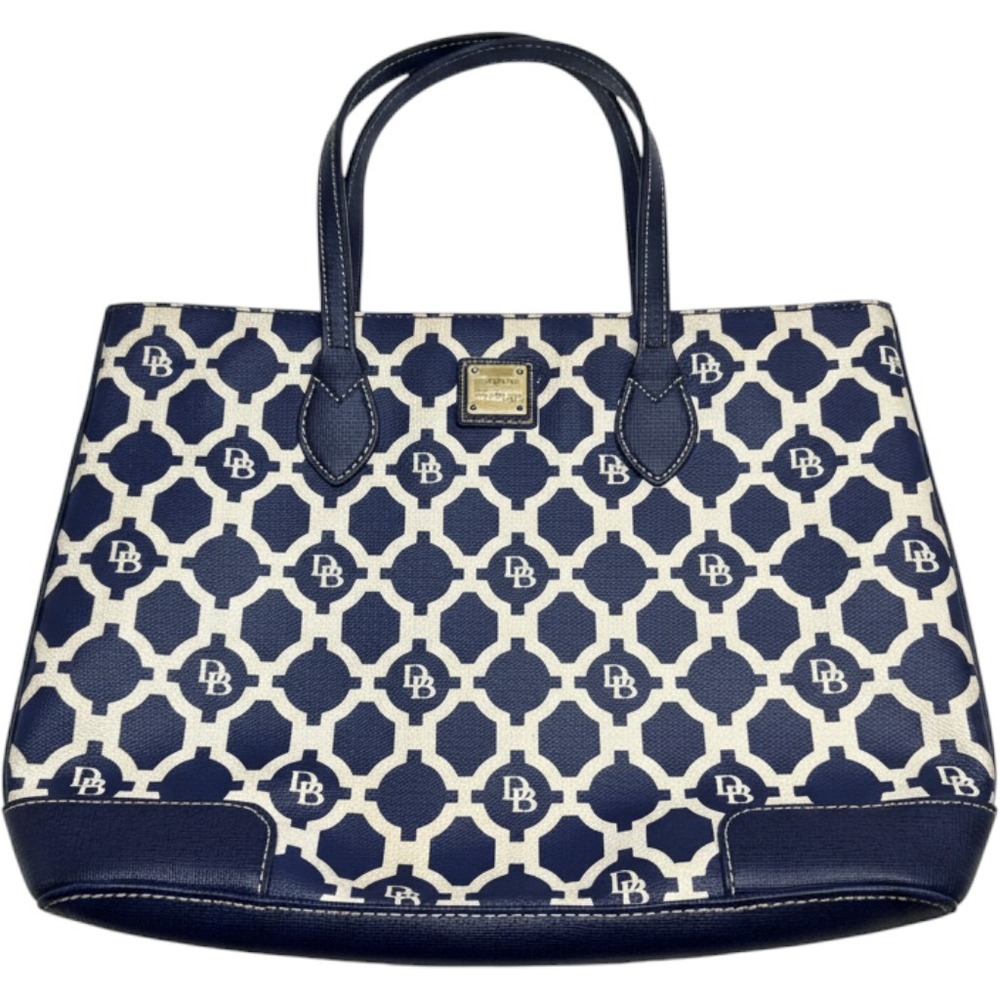 Dooney & Bourke Blue White Geometric Logo Tote Bag Coated Canvas Leather Trim